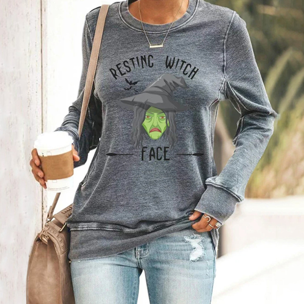 Resting Witch Face Print Long Sleeve Sweatshirt