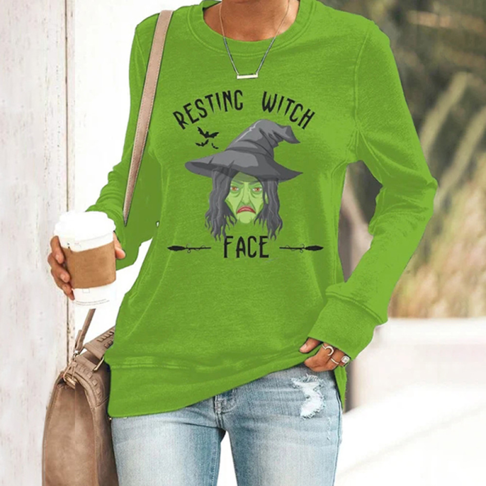 Resting Witch Face Print Long Sleeve Sweatshirt