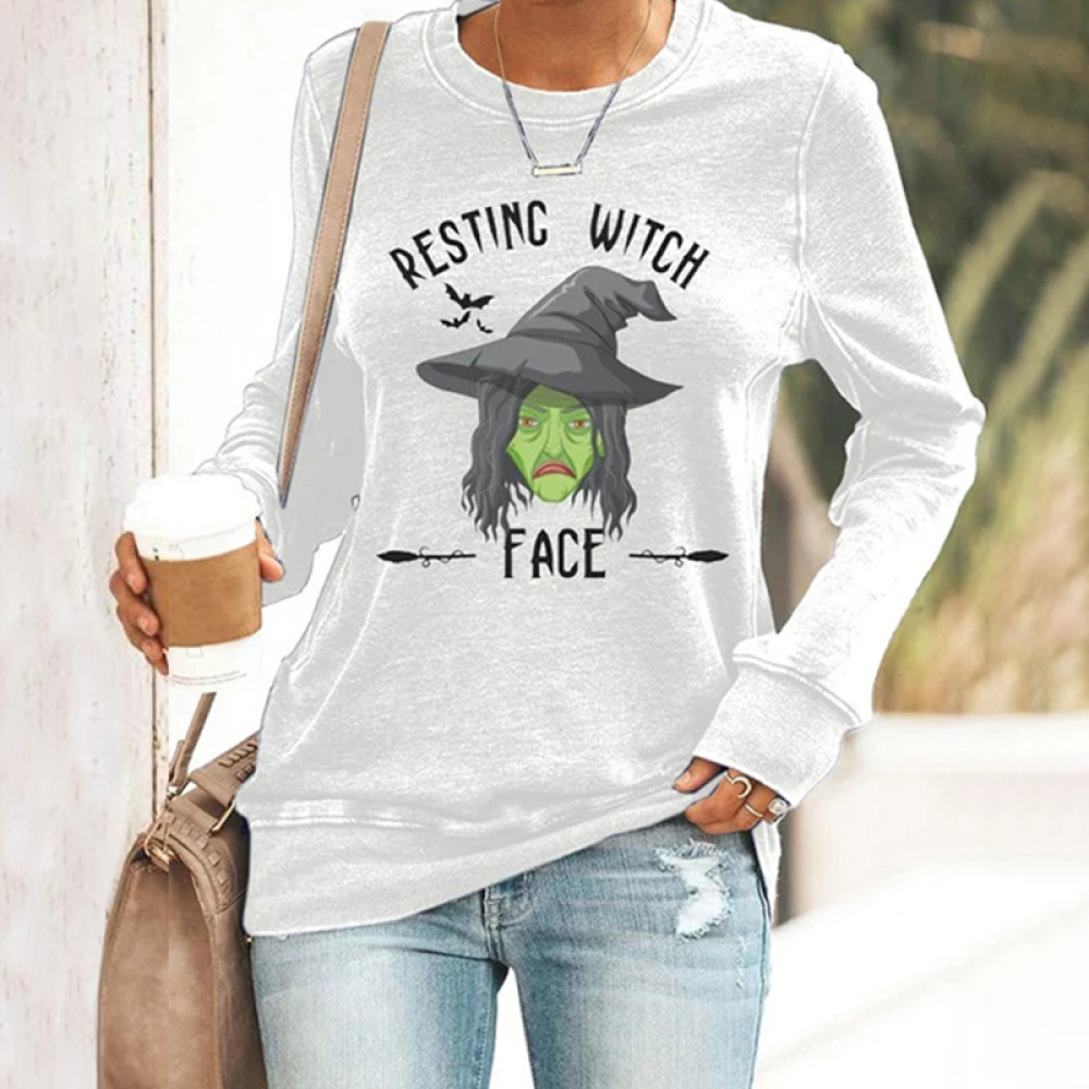 Resting Witch Face Print Long Sleeve Sweatshirt