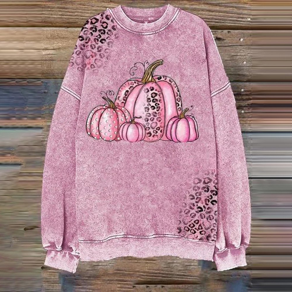 Retro Wear Pink Pumpkin Print Round Neck Sweatshirt
