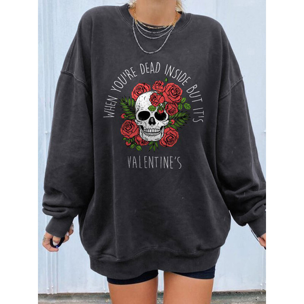 Rose Skull Print Casual Halloween Sweatshirt