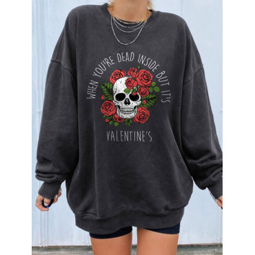 Rose Skull Print Casual Halloween Sweatshirt