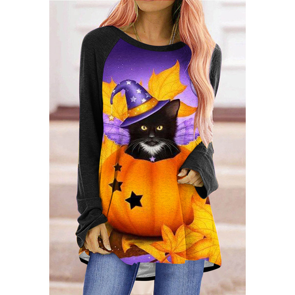 Round Neck Witch Cat Pumpkin Tunic