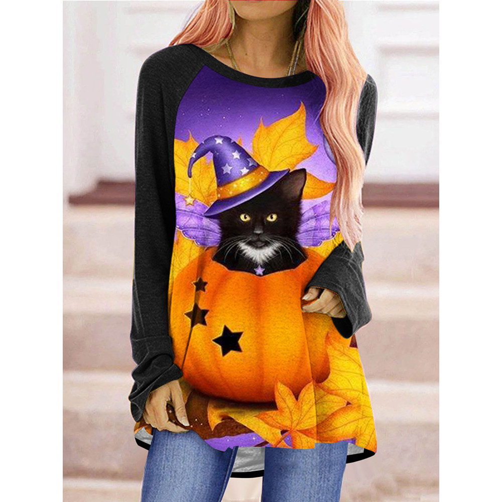 Round Neck Witch Cat Pumpkin Tunic