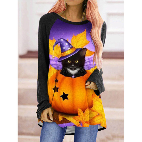 Round Neck Witch Cat Pumpkin Tunic