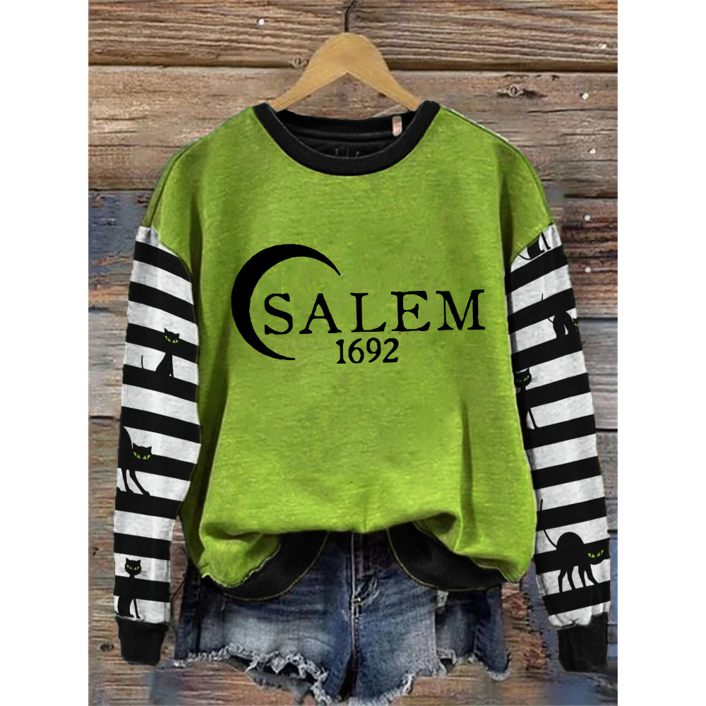 Salem 1692 Black Cats Striped Contrast Washed Sweatshirt