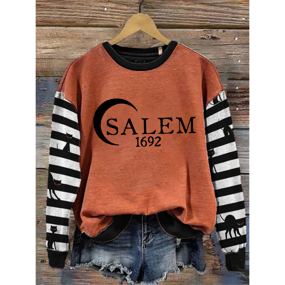 Salem 1692 Black Cats Striped Contrast Washed Sweatshirt