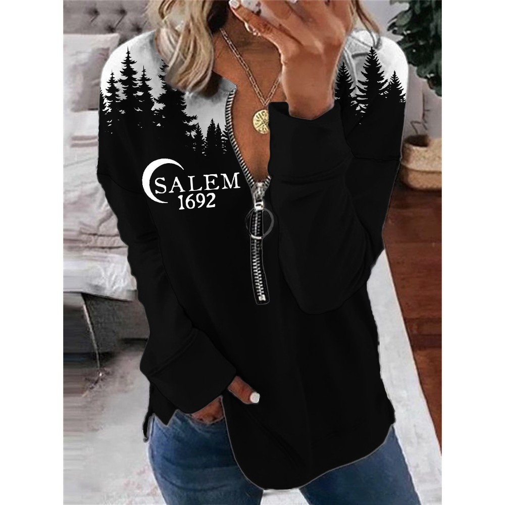 Salem 1692 Halloween Dark Forest Contrast Zip Up Sweatshirt