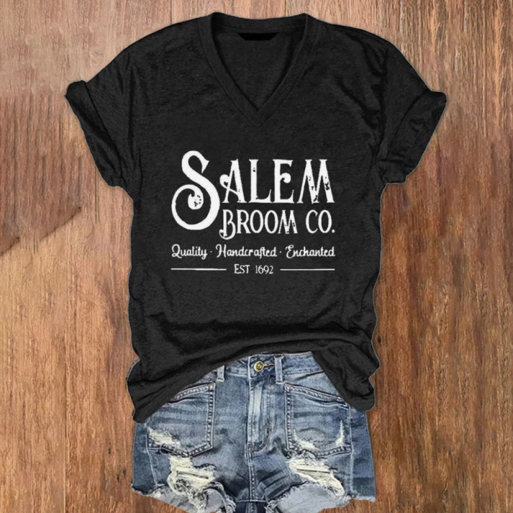 Salem Broom Co Quality Handcrafted Enchanted Est 1692 Print V-Neck T-Shirt