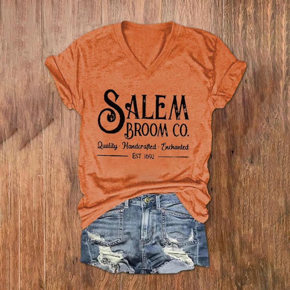 Salem Broom Co Quality Handcrafted Enchanted Est 1692 Print V-Neck T-Shirt