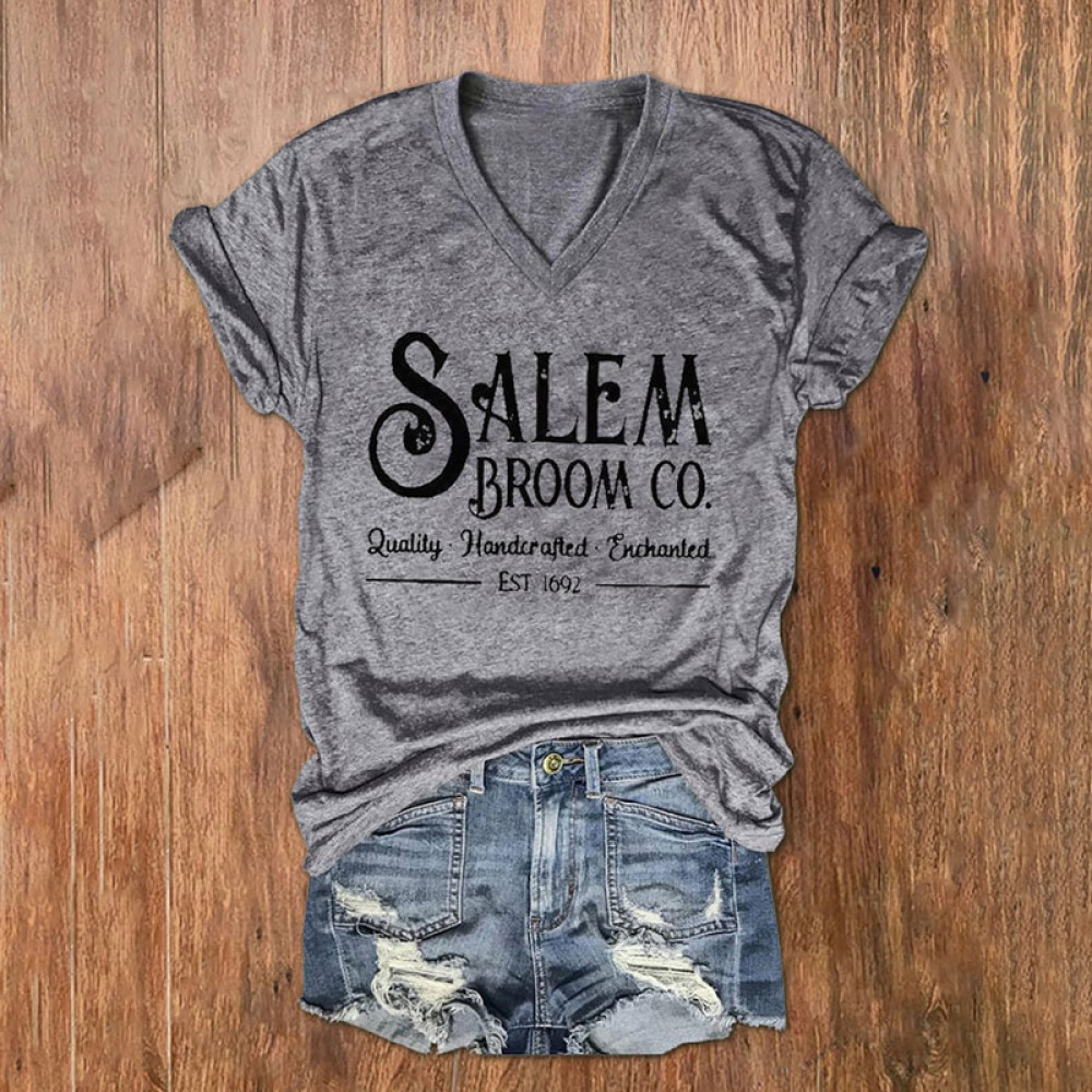 Salem Broom Co Quality Handcrafted Enchanted Est 1692 Print V-Neck T-Shirt