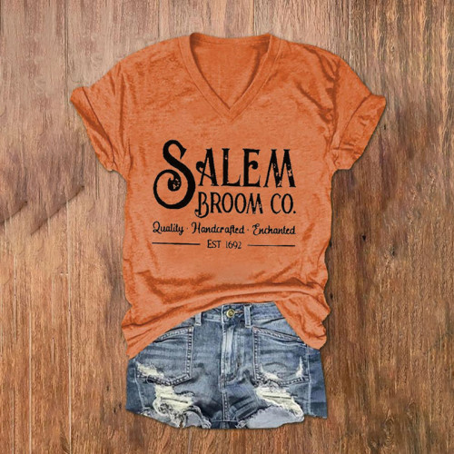 Salem Broom Co Quality Handcrafted Enchanted Est 1692 Print V-Neck T-Shirt