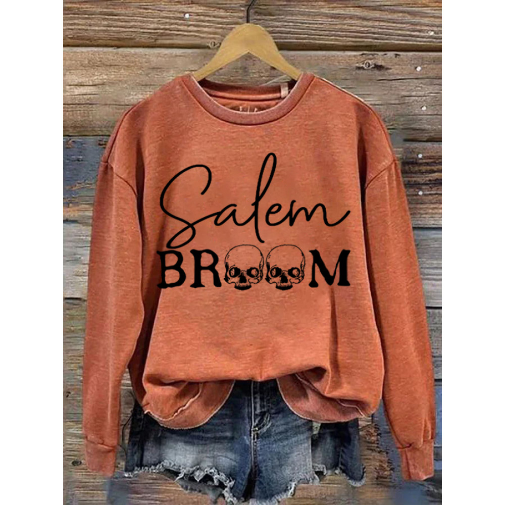 Salem Broomstick Halloween Skull Print Sweatshirt