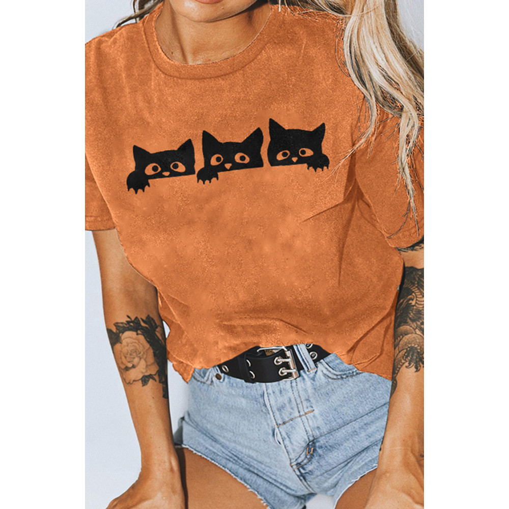 Short Sleeve Halloween Cat Print T-Shirt