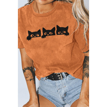 Short Sleeve Halloween Cat Print T-Shirt