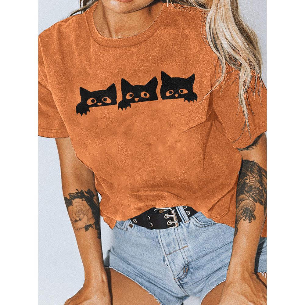 Short Sleeve Halloween Cat Print T-Shirt