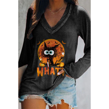 Simple Black Cat Print Long Sleeve T-Shirt