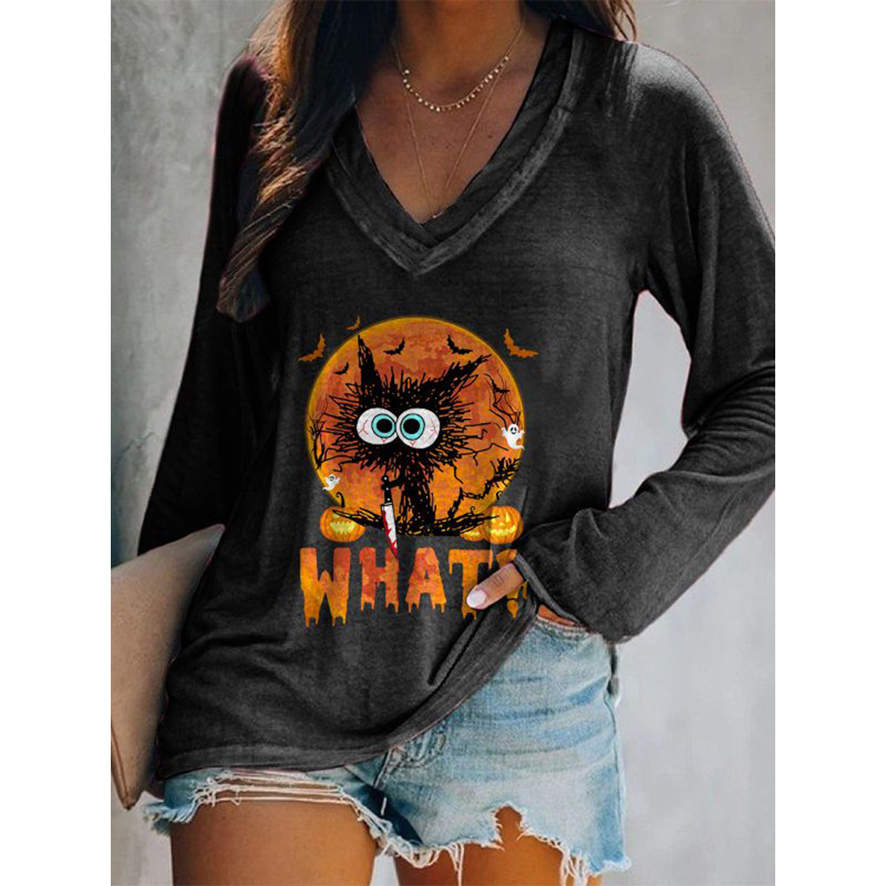 Simple Black Cat Print Long Sleeve T-Shirt