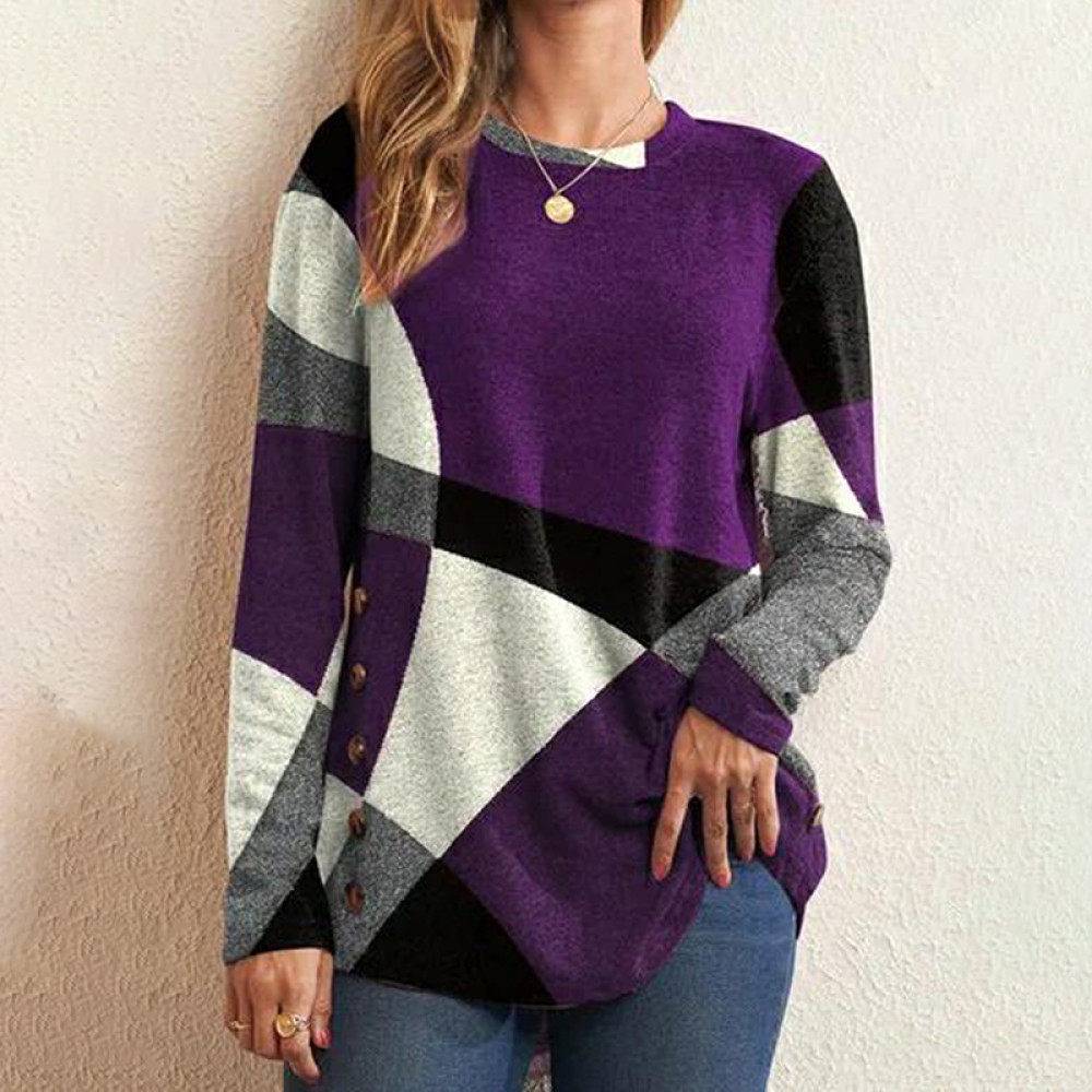 Simple Crew Neck Colorblock Long Sleeve T-Shirt