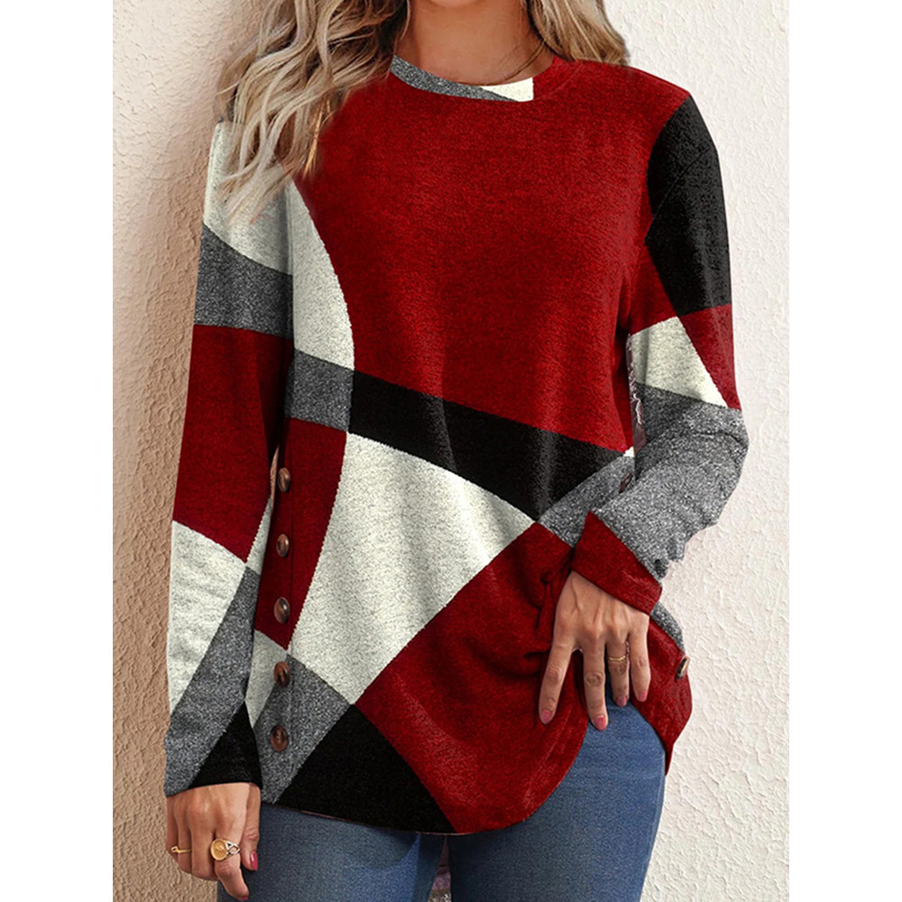 Simple Crew Neck Colorblock Long Sleeve T-Shirt