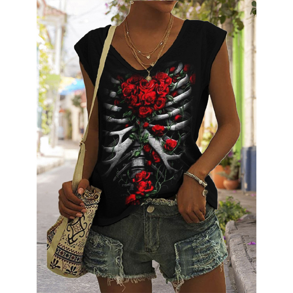 Skeleton Filled with Roses V Neck Tank Top