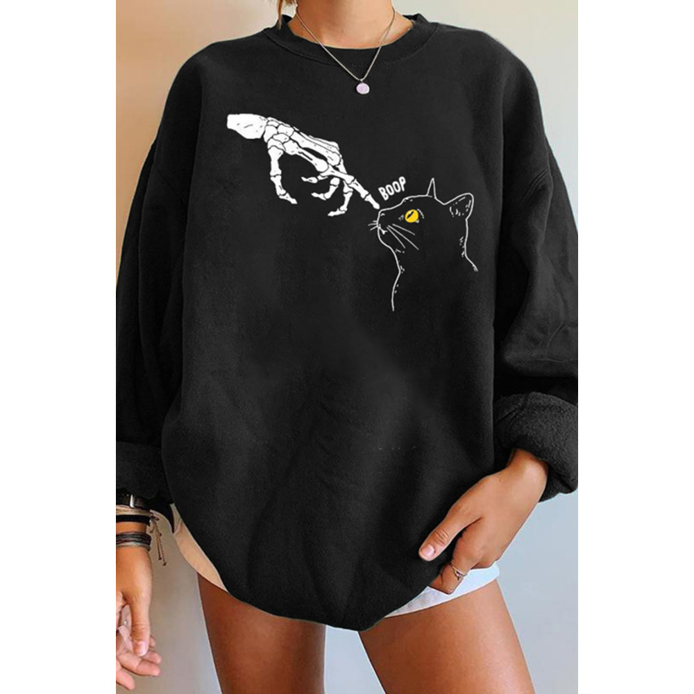 Skull Cat Print Long Sleeve Sweatshirt