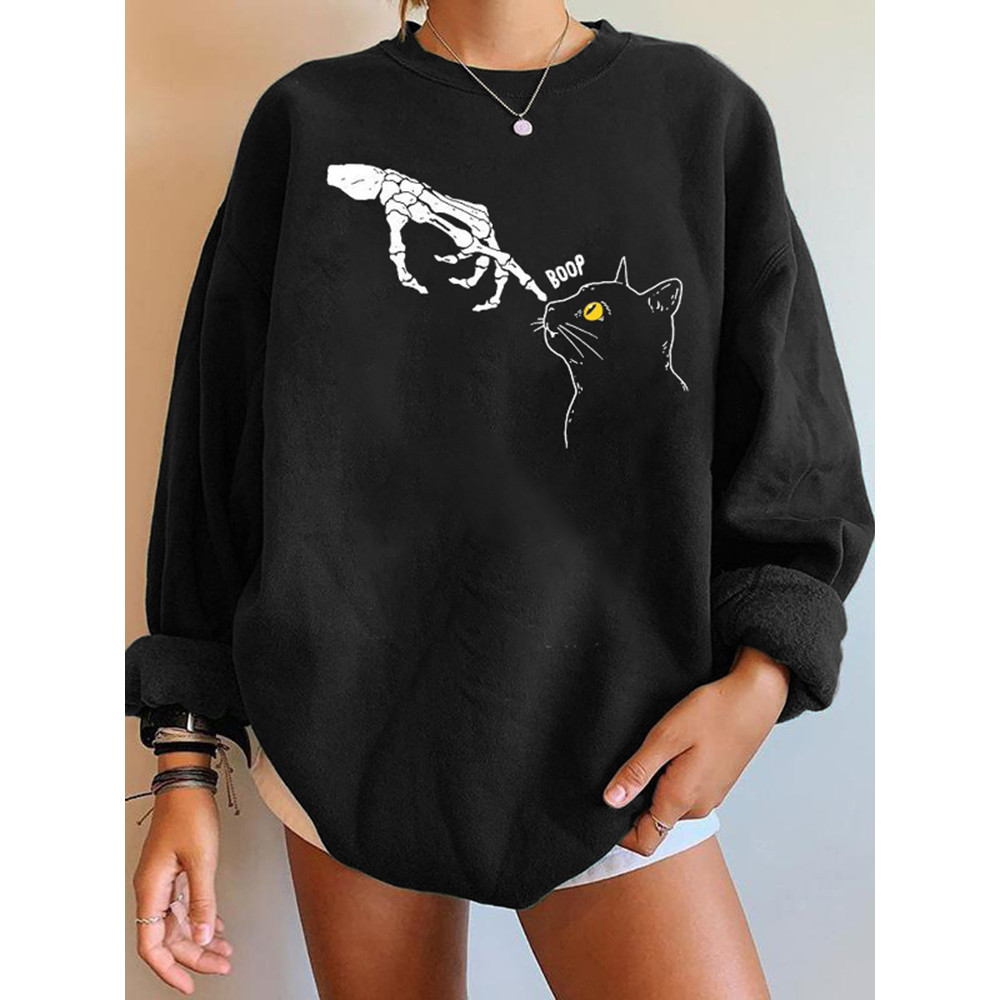 Skull Cat Print Long Sleeve Sweatshirt