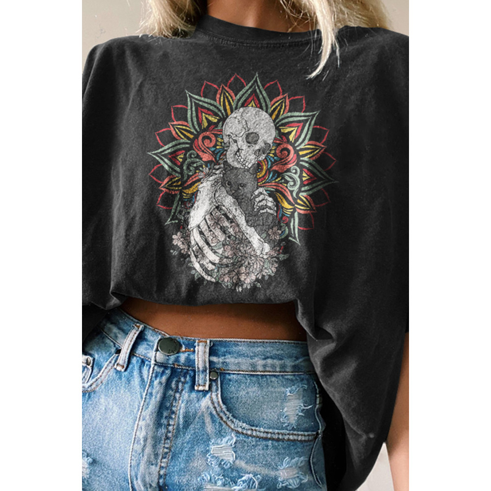 Skull Cat Print Short Sleeve T-Shirt
