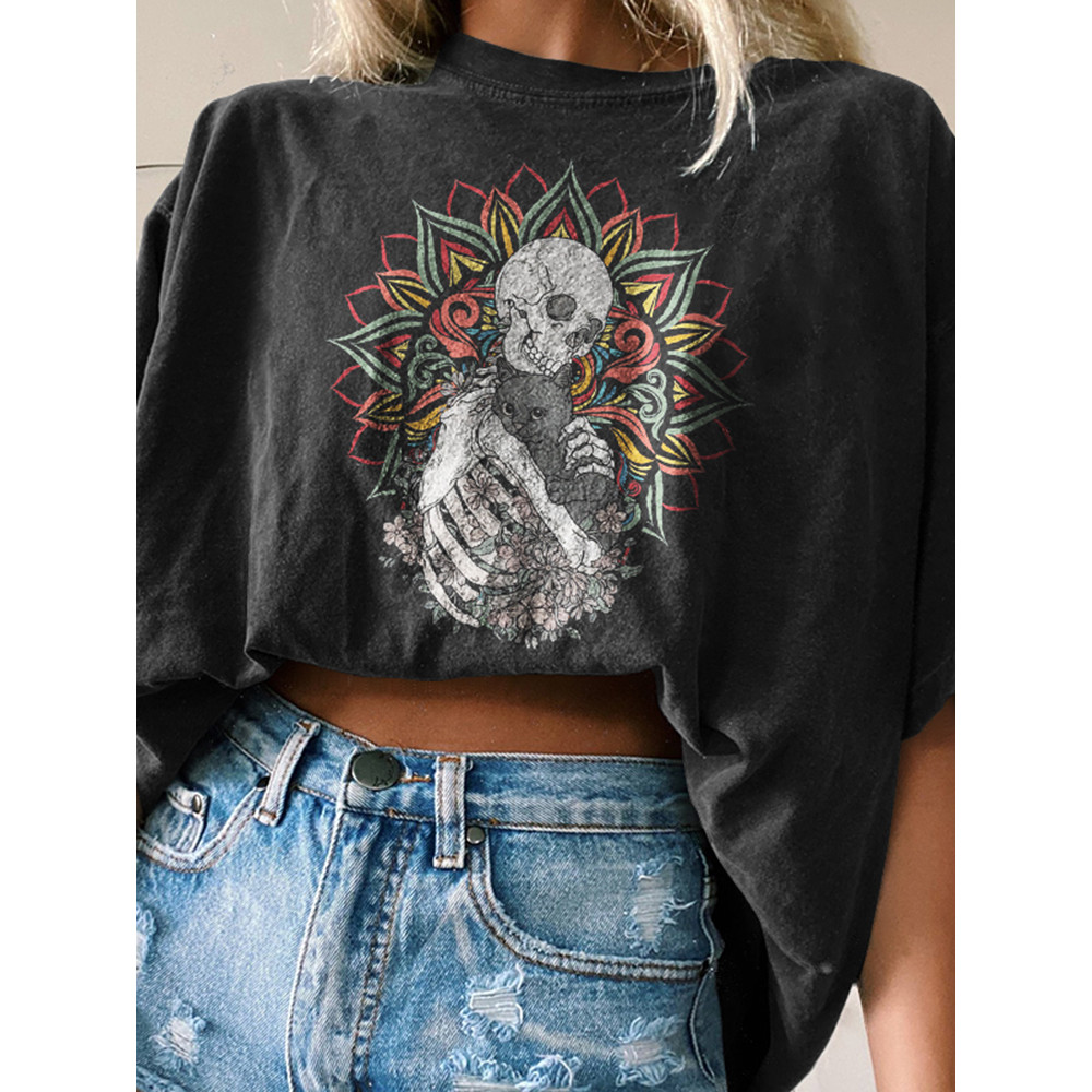 Skull Cat Print Short Sleeve T-Shirt