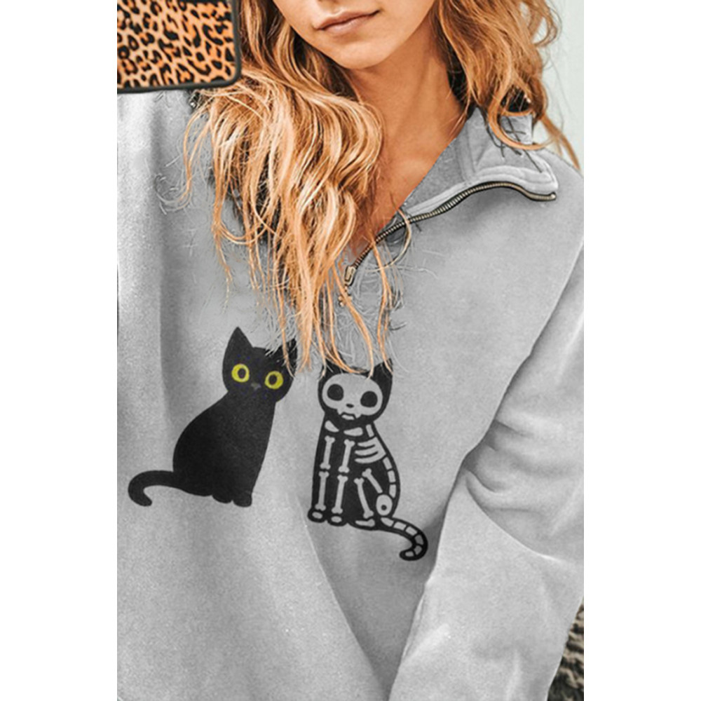 Skull Cat Print Zip Sweatshirt