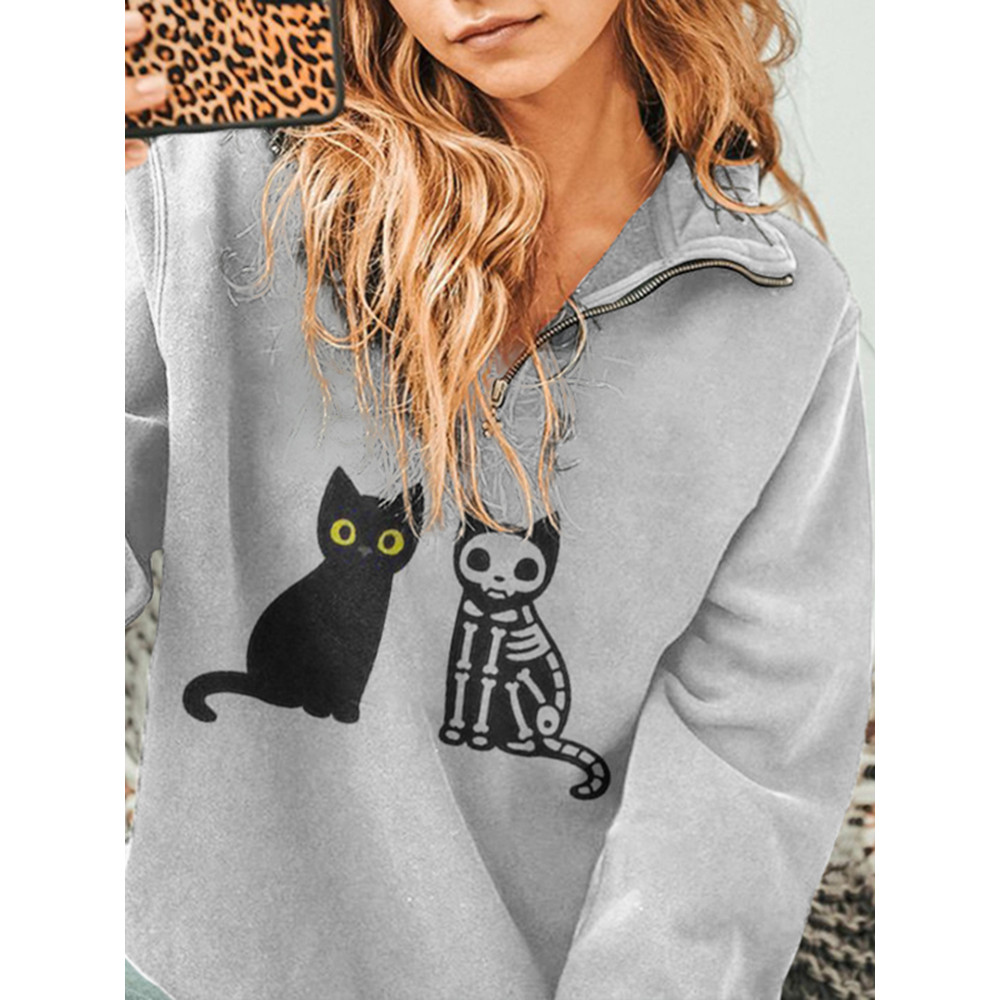 Skull Cat Print Zip Sweatshirt