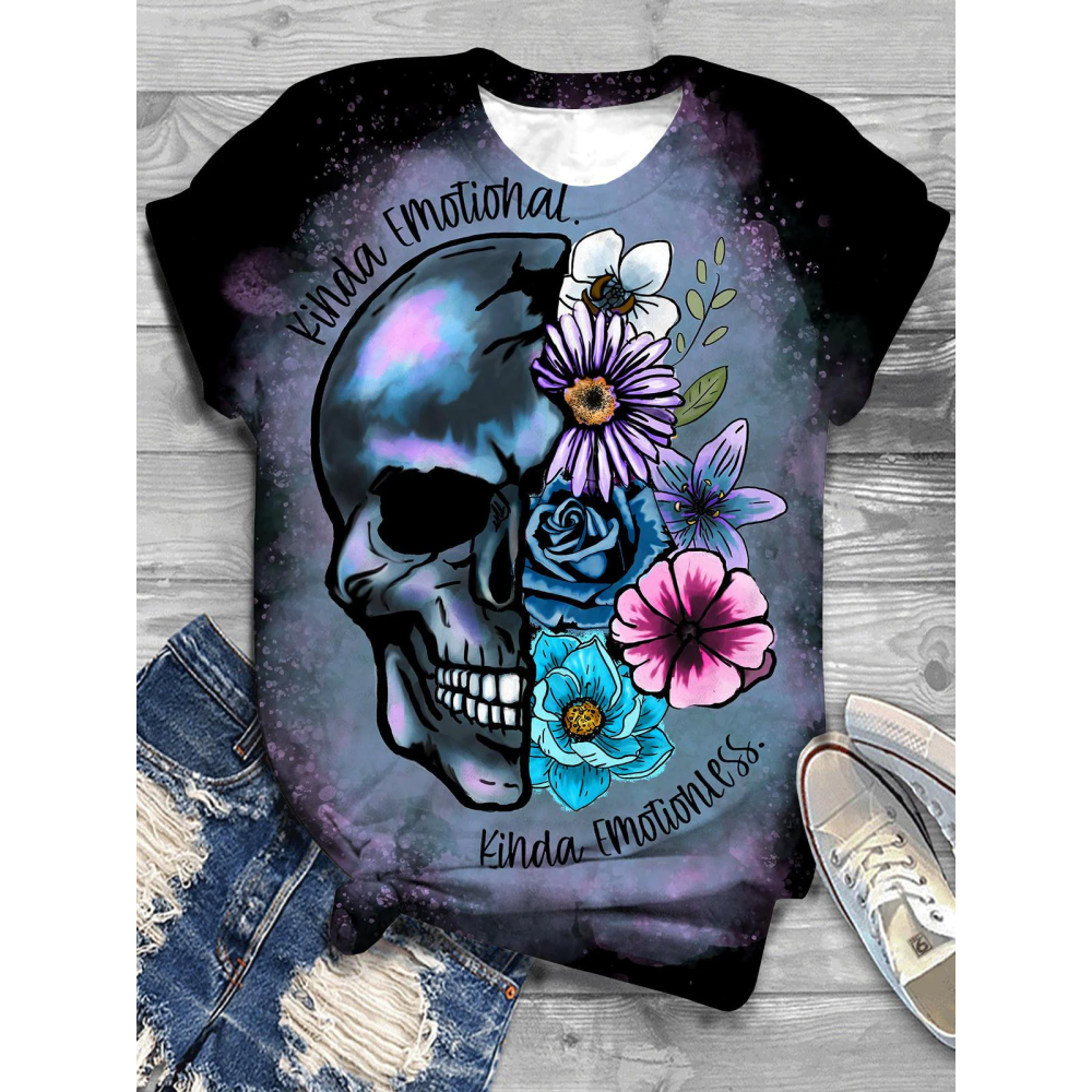 Skull Darkness Flower Crew Neck T-Shirt