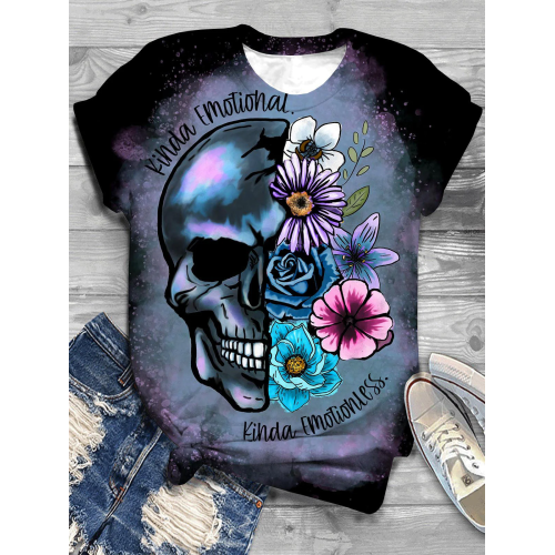 Skull Darkness Flower Crew Neck T-Shirt