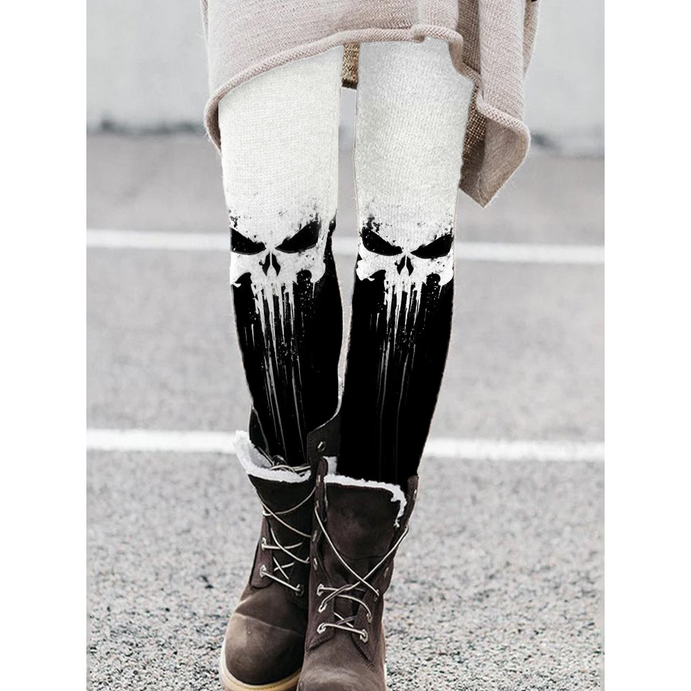 Skull Graffiti Contrast Color Comfy Leggings