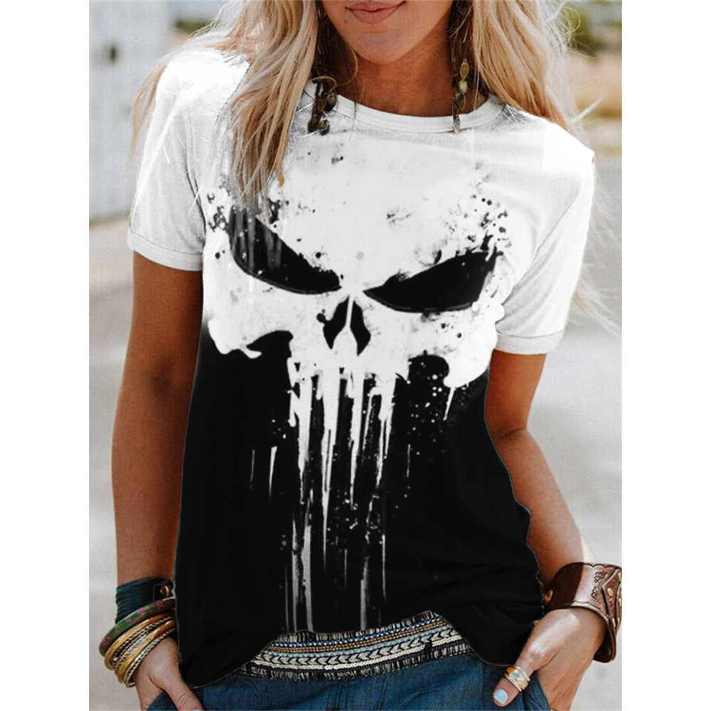 Skull Graffiti Contrast Color Crew Neck T Shirt
