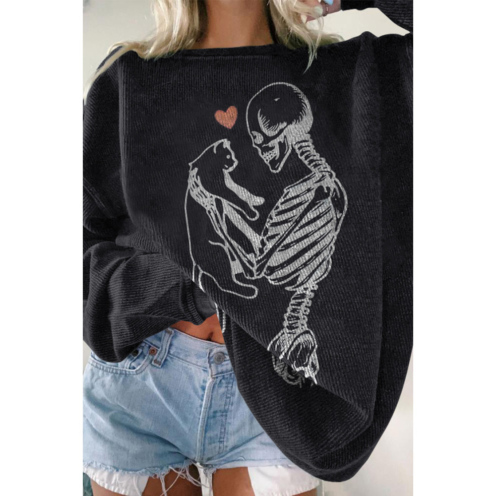 Skull Love Cat Print Sweatshirt