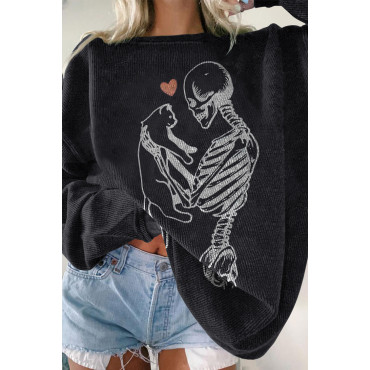Skull Love Cat Print Sweatshirt