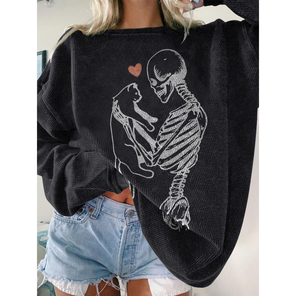 Skull Love Cat Print Sweatshirt