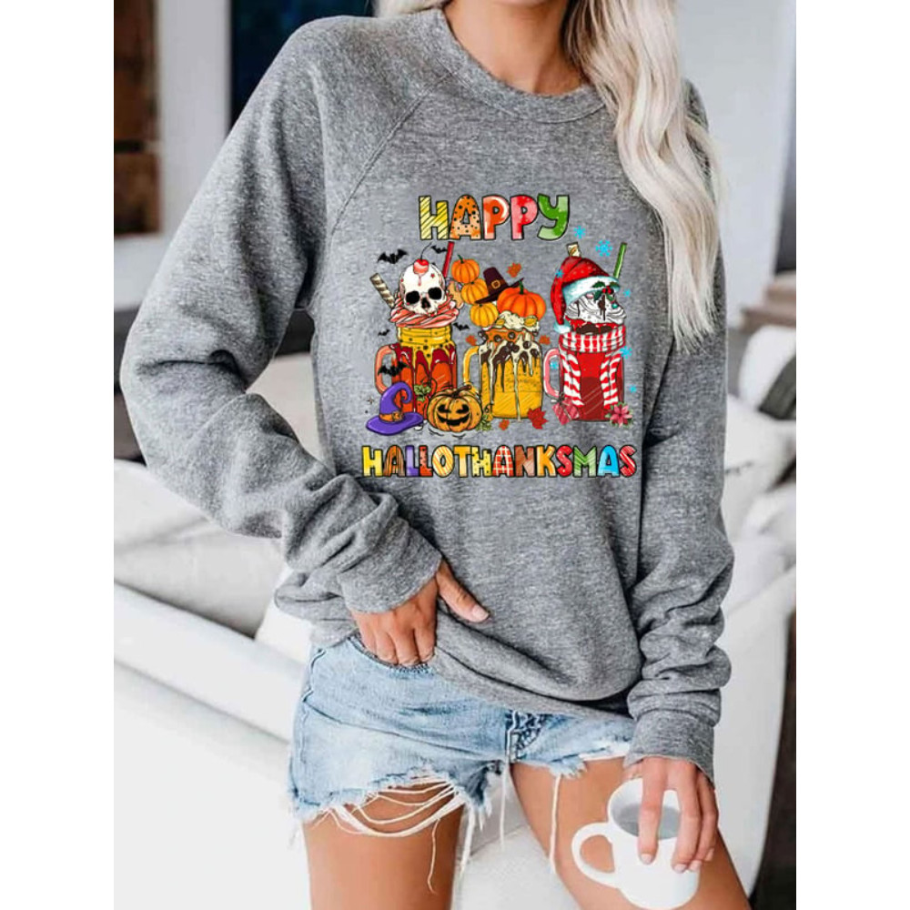 Skull Pumpkin Santa Hat Coffee Print Sweatshirt