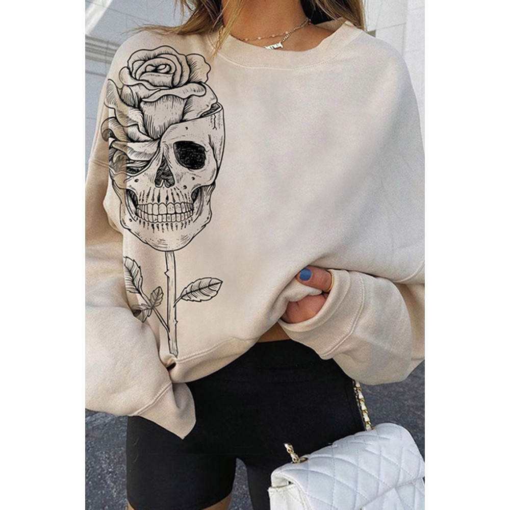 Skull Rose Print Crew Neck Casual Sweatshirt