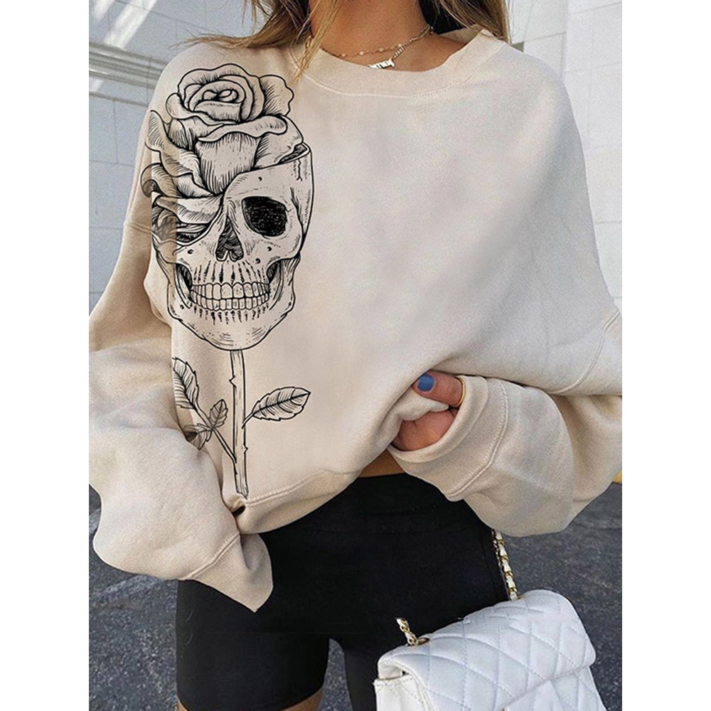 Skull Rose Print Crew Neck Casual Sweatshirt