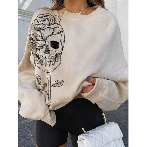 Skull Rose Print Crew Neck Casual Sweatshirt
