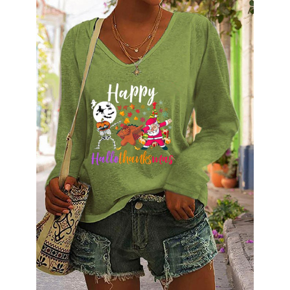 Skull Turkey Santa Print Long Sleeve T Shirt