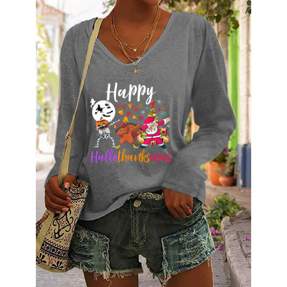Skull Turkey Santa Print Long Sleeve T Shirt