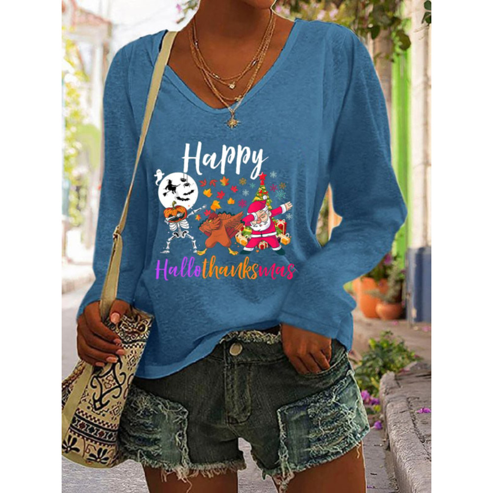 Skull Turkey Santa Print Long Sleeve T Shirt