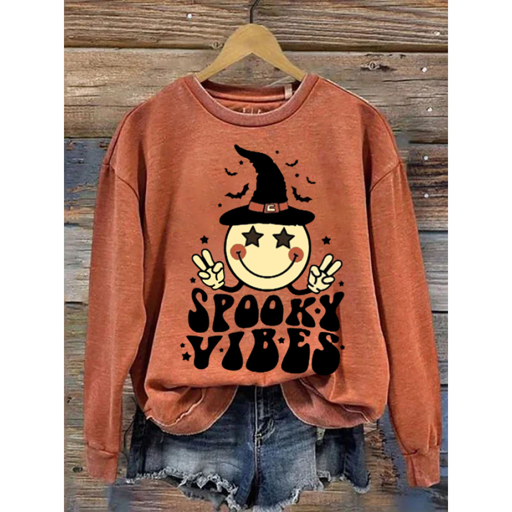 Spooky Atmosphere Halloween Smiley Witch Hat Print Sweatshirt