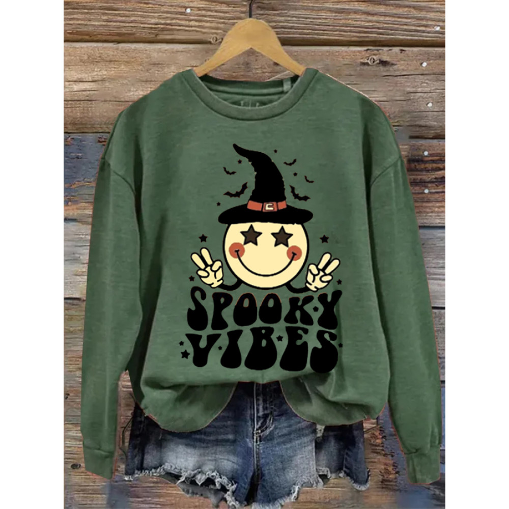 Spooky Atmosphere Halloween Smiley Witch Hat Print Sweatshirt
