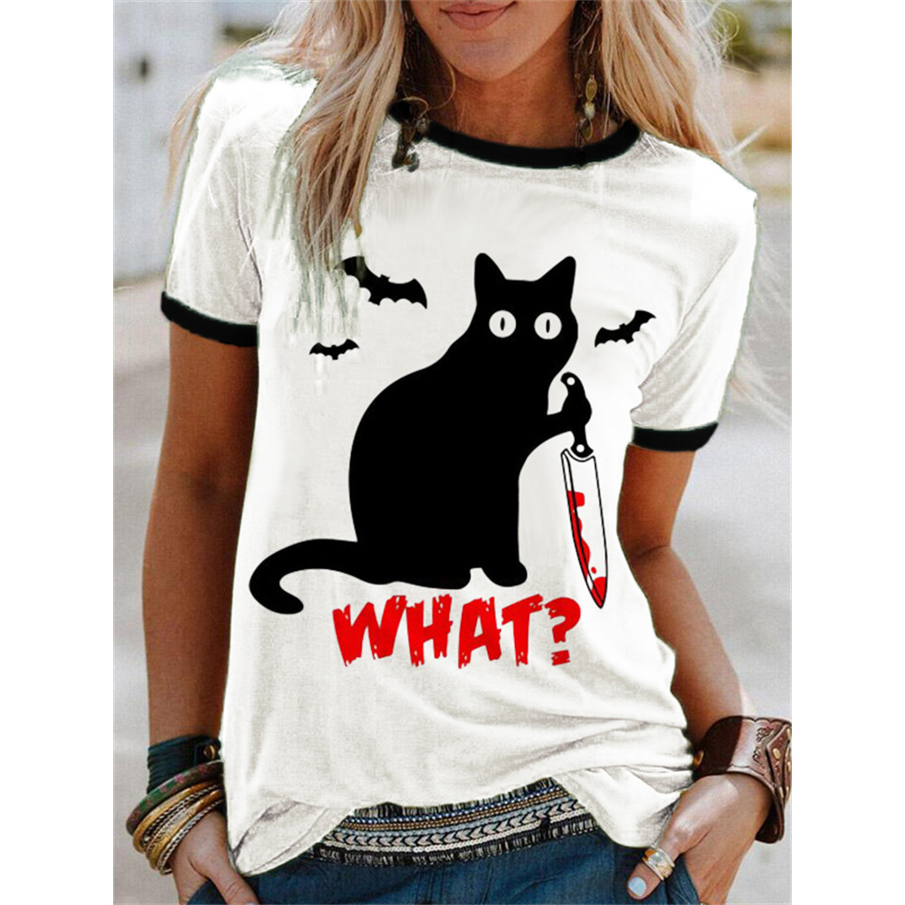 Spooky Black Cat With Bloody Knife T Shirt