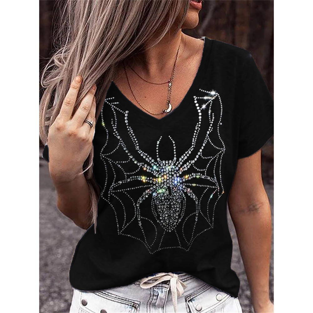 Spooky Spider Glitter Art V Neck T Shirt