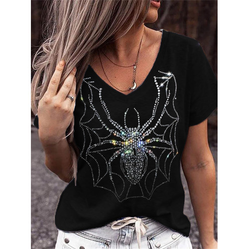 Spooky Spider Glitter Art V Neck T Shirt